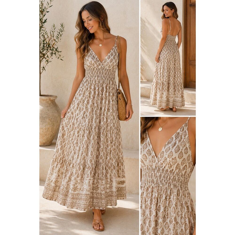Sim & Sam Linen Blend Maxi Dress Women’s L Boho Cream Print NWT Flowy Beach Chic